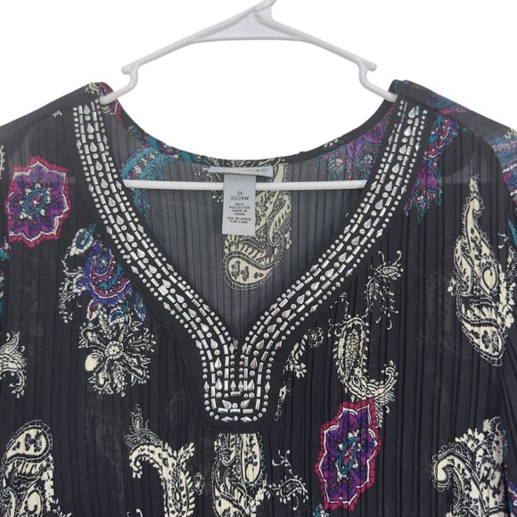 Catherines Womens 2X Paisley Beaded V-Neck Tunic Top 3/4 Bell Sleeves - Picture 2 of 10